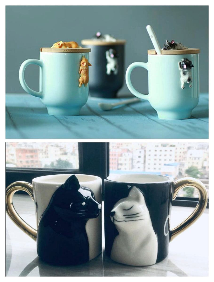 Binoster Kiss Cat Coffee Couple Handmade Mug, Funny Tea Ceramic Cup Set for Bride and Groom, Matching Gift for Engagement Wedding and Married Couples