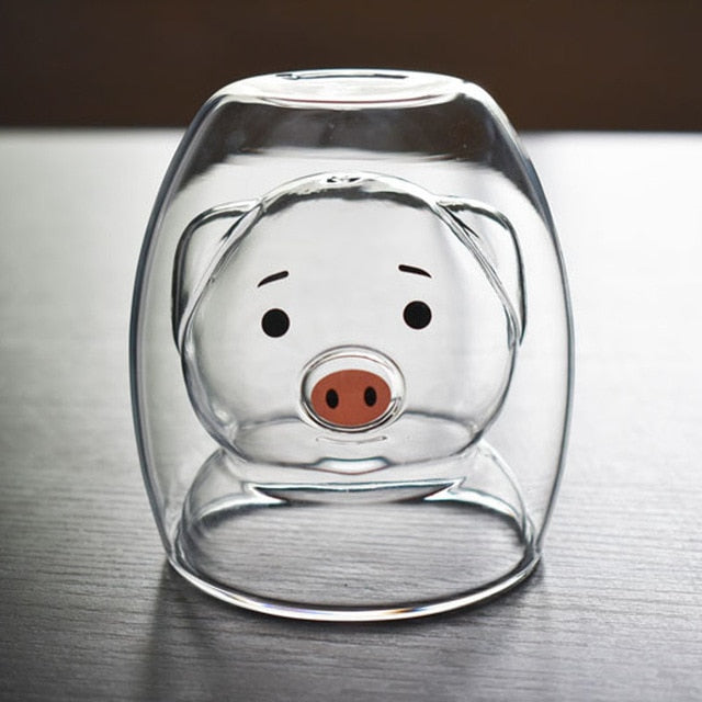 250ML cartoon pig double-layer glass cute animal coffee mug double-layer anti-scalding milk Breakfast cup funny mugs