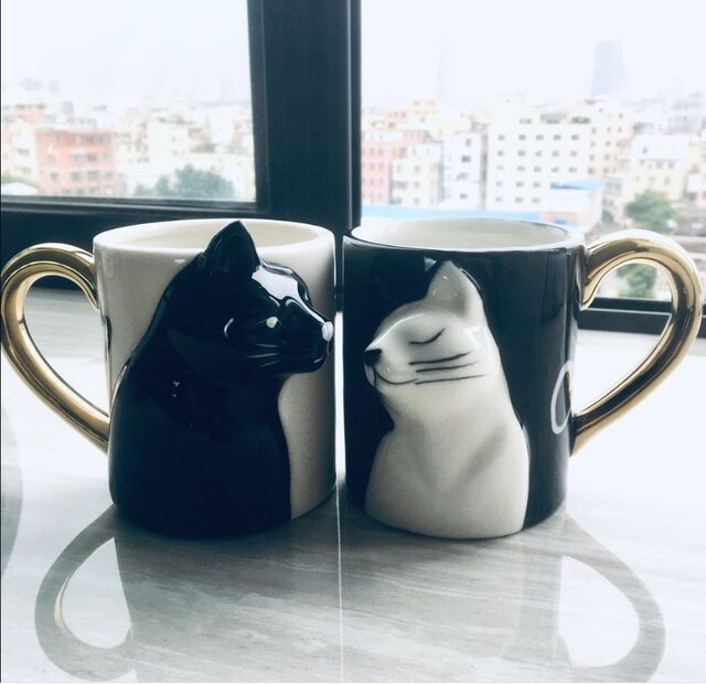 Binoster Kiss Cat Coffee Couple Handmade Mug, Funny Tea Ceramic Cup Set for Bride and Groom, Matching Gift for Engagement Wedding and Married Couples