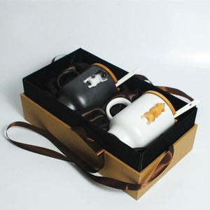 2-PCS Kiss Cat Coffee Couple Handmade Mug, Funny Tea Ceramic cup set for Bride and Groom, Matching Gift for Engagement Wedding